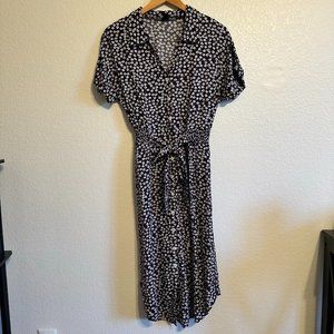 Navy Blue Floral Print Short Sleeve Tie Waist Midi Dress SHEIN Size S